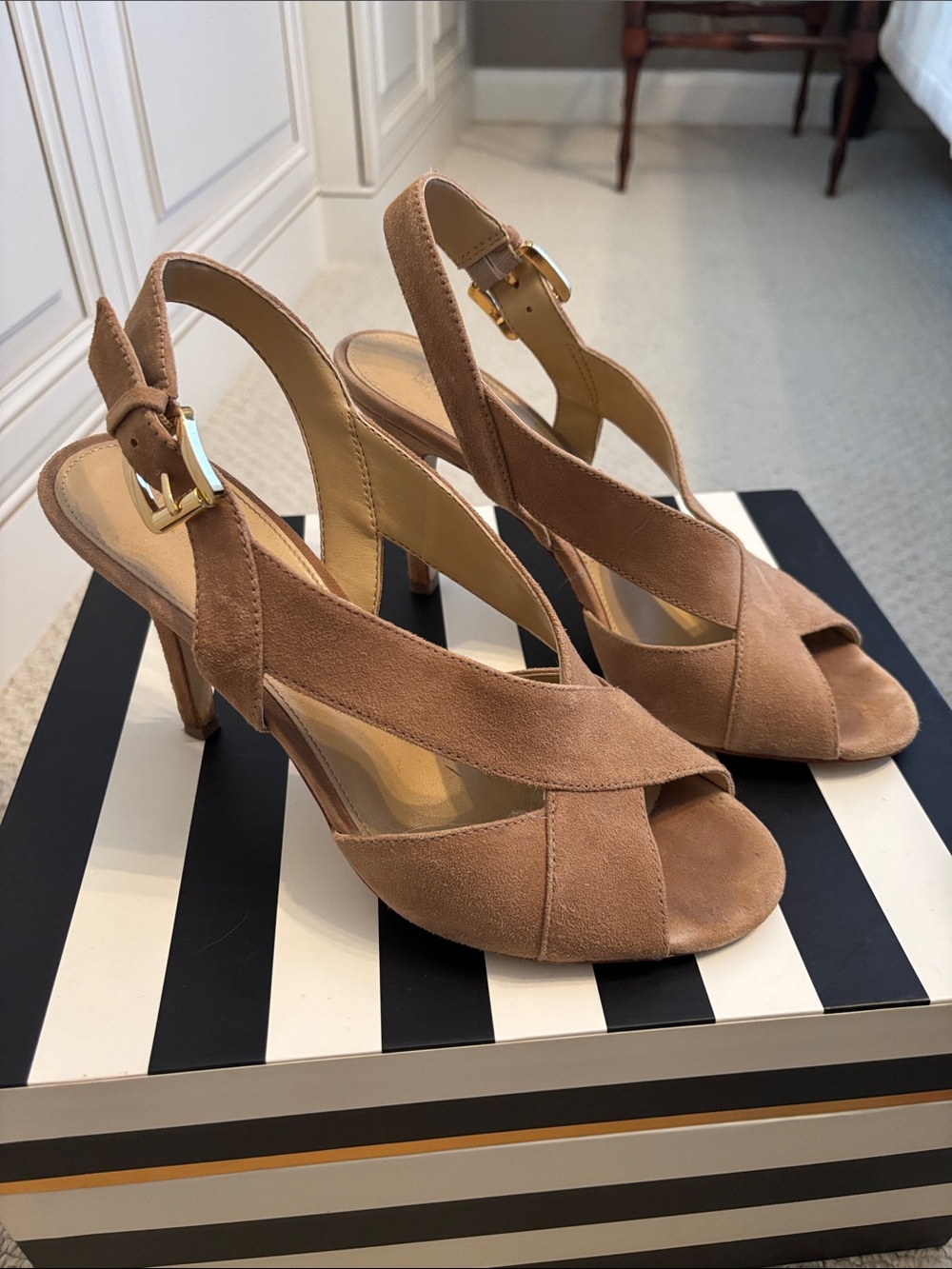 Michael Kors Tan Suede Crisscross Slingback Heels